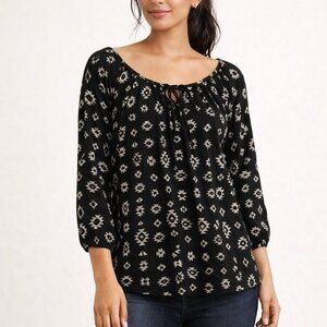 Faded Glory Black & White Boho Print Peasant Blouse Size XL